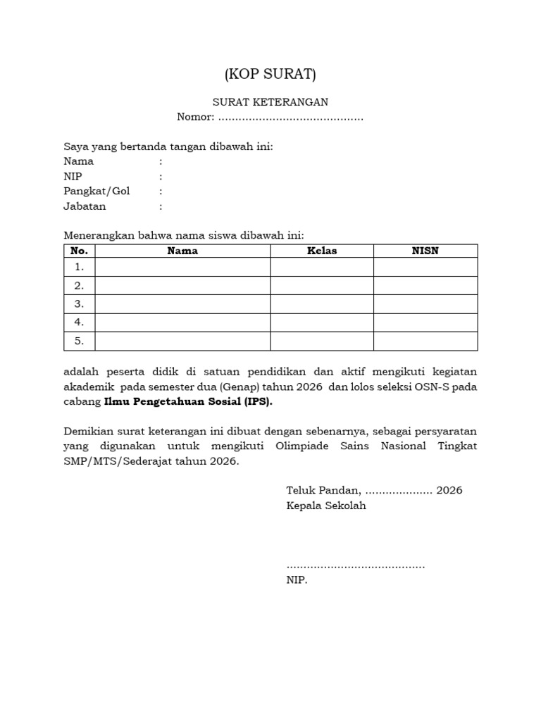 Contoh Surat Keterangan Kolektif Osn Ips 2026 | PDF