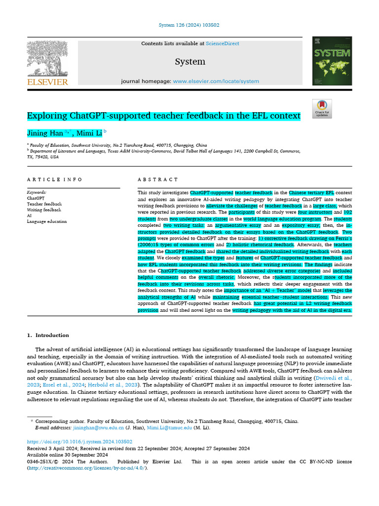 Article Review 3 Exploring Chatgpt-supported Teacher Feedback in the ...