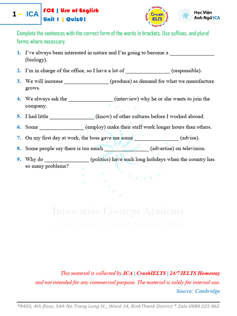 FCE I Use of English I Unit 1 - Quiz 01 | PDF