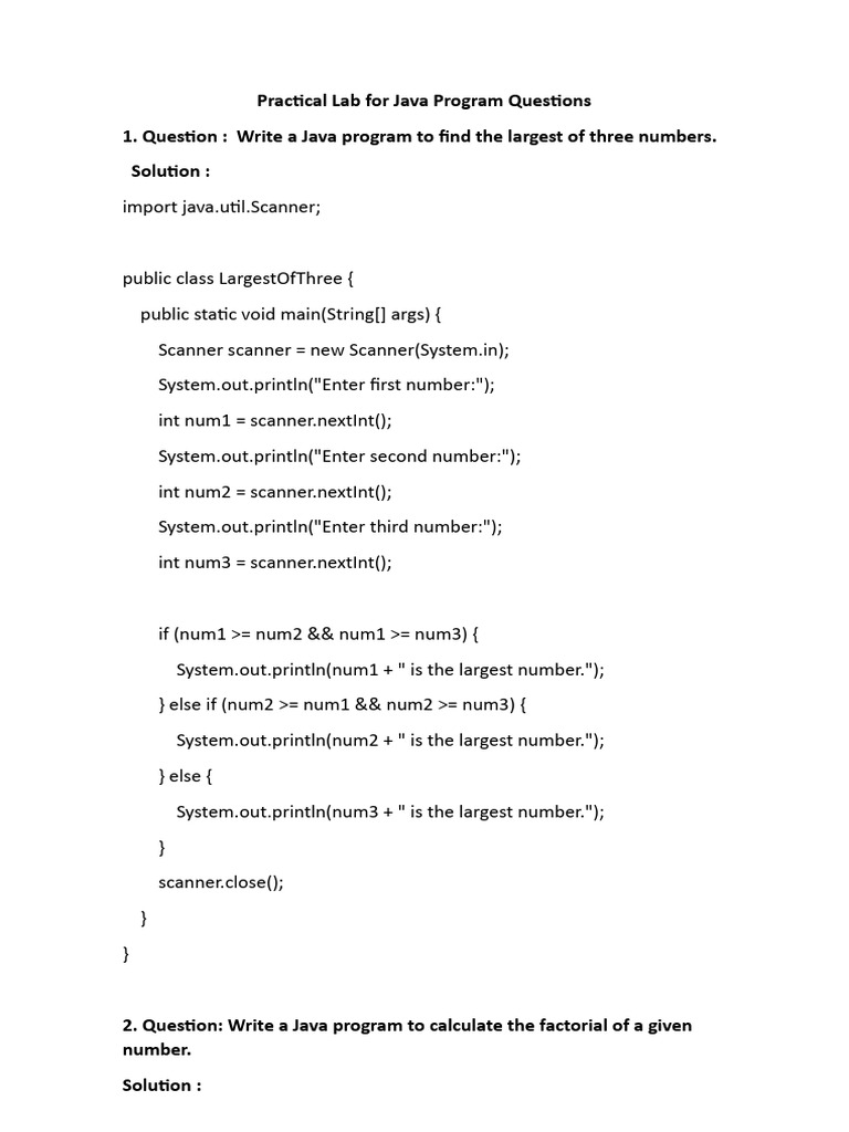 Practical Lab for Java Program Questions | PDF | Control Flow ...