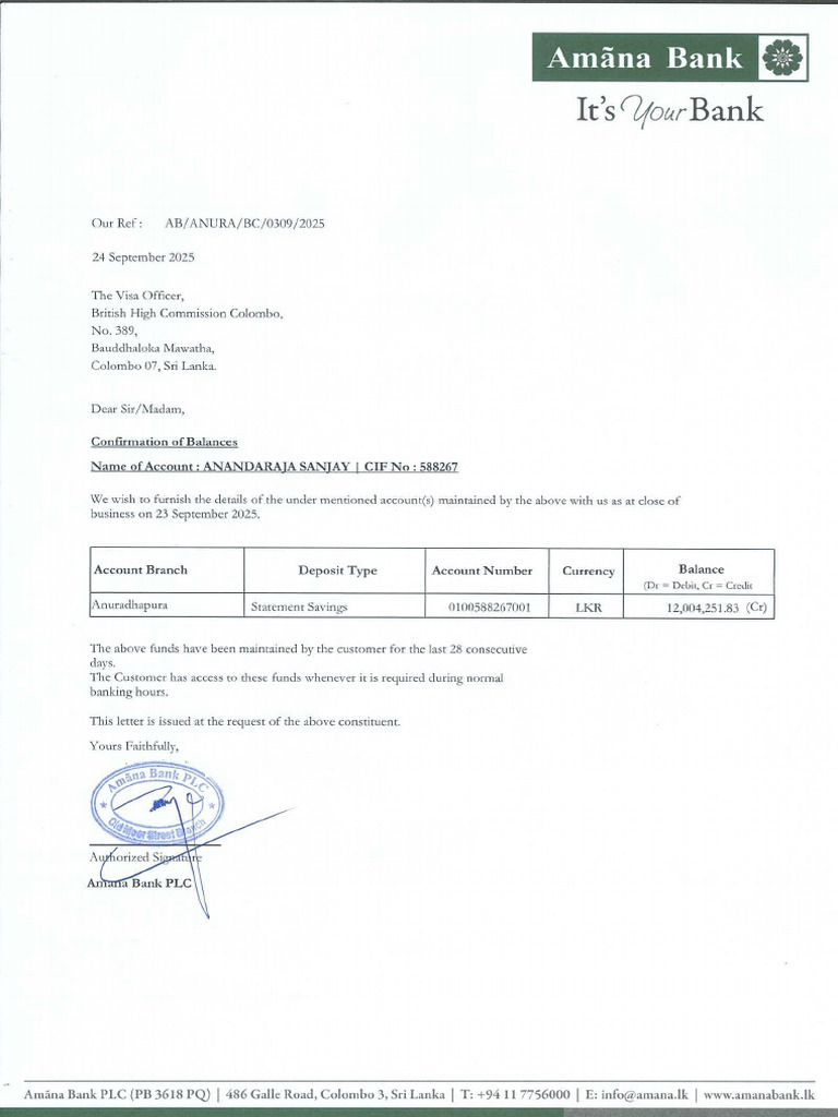 Amana Bank Confirmation of Balance Letter Sanjay | PDF