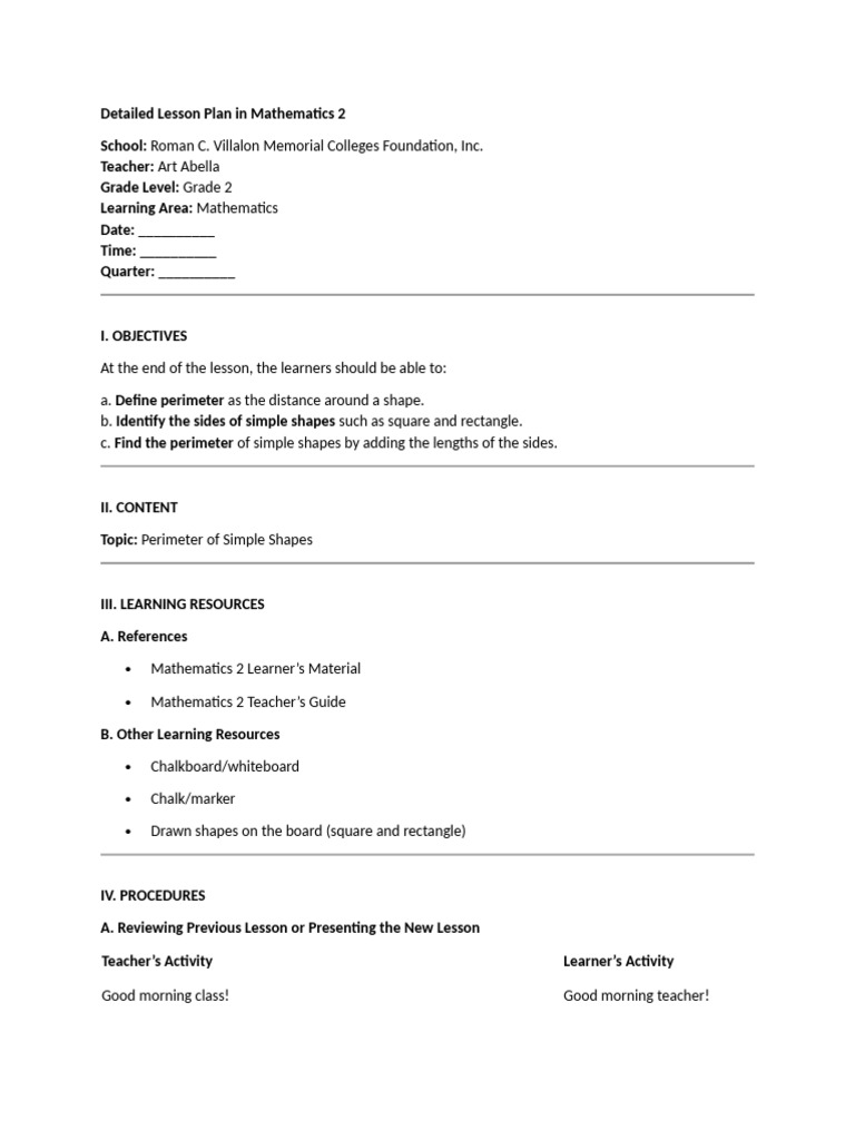 Detailed Lesson Plan in Mathematics 2 | PDF | Shape | Learning