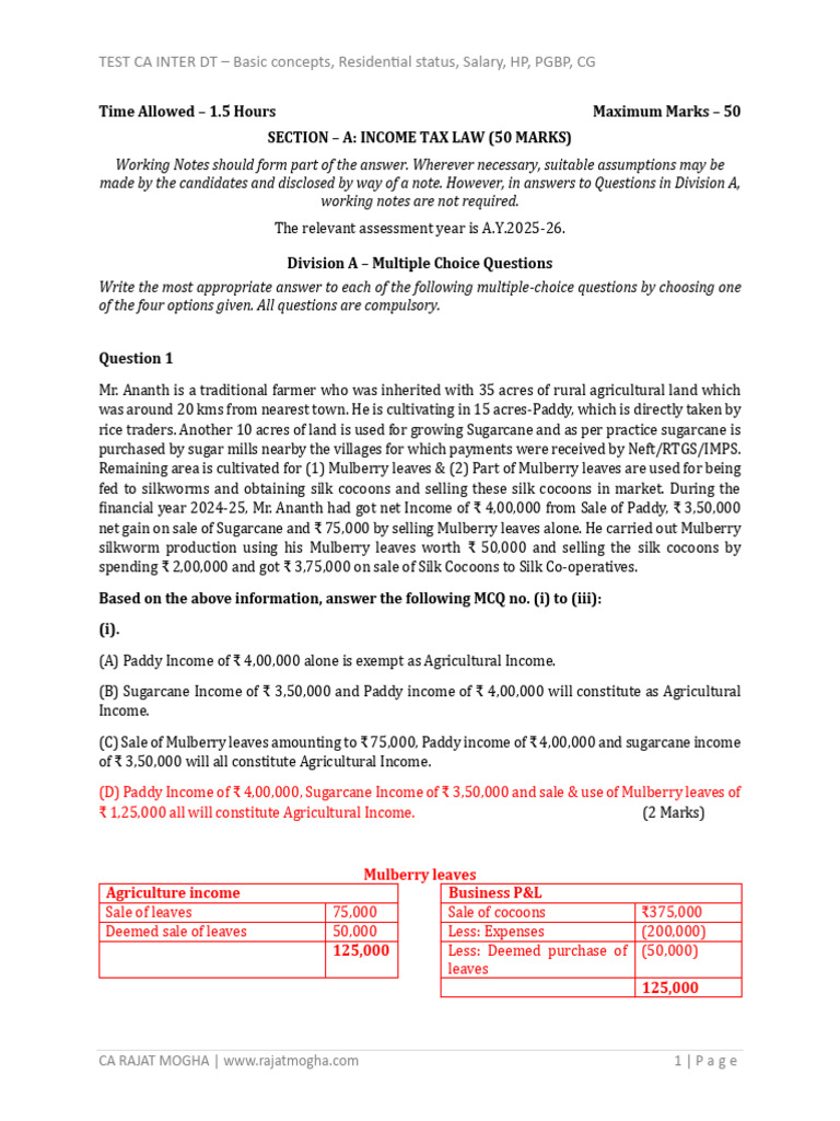 Test 9 - Income Tax Test 50 Marks Solution | PDF | Capital Gain | Taxes