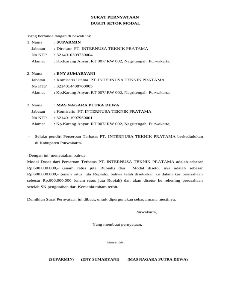 Surat Pernyataan Setor Modal | PDF