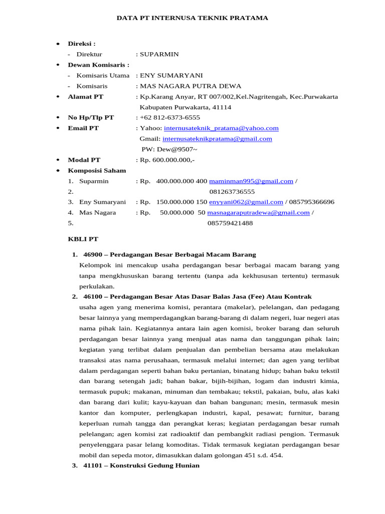 DATA PT Internusa Teknik Pratama | PDF