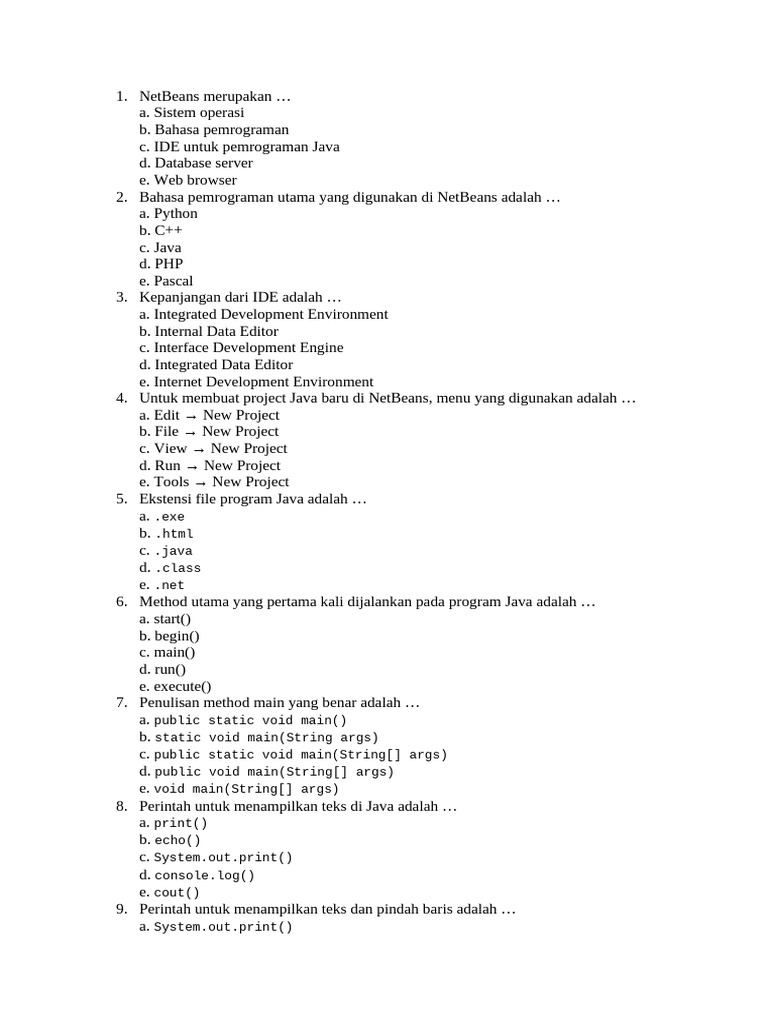 25 Soal Pilihan Ganda Dasar Java Netbeans | PDF