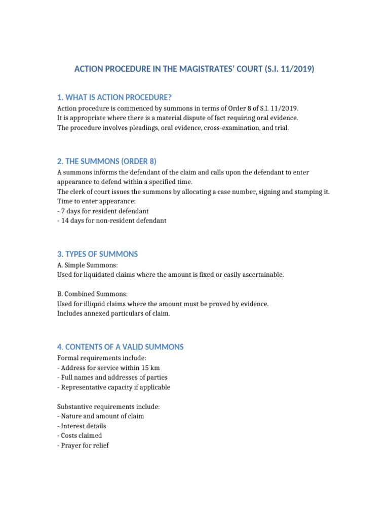 Action Procedure Magistrates Court Notes | PDF | Summons | Default Judgment