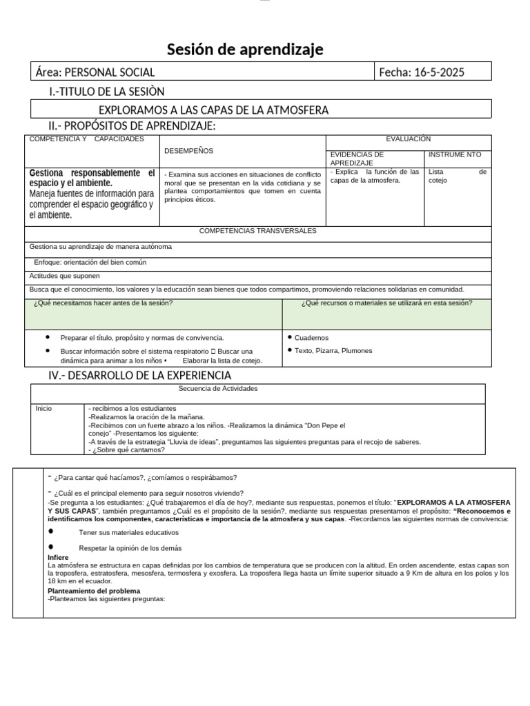Sesion de Aprendizaje 16 Personal Social | PDF | Atmósfera | Aprendizaje