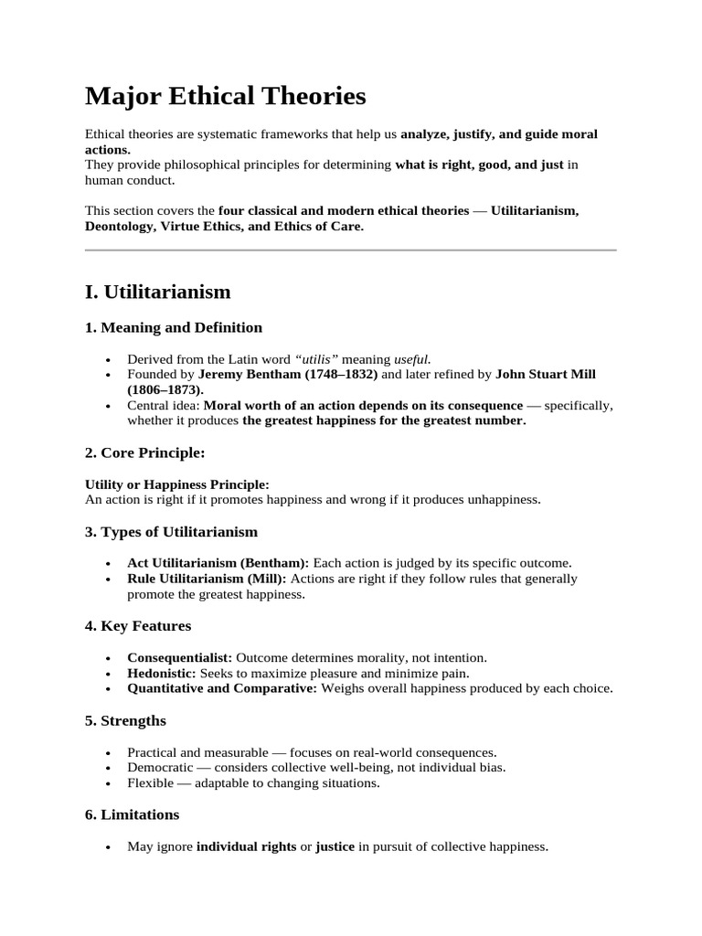 HU-1C Major Ethical Theories | PDF | Utilitarianism | Happiness