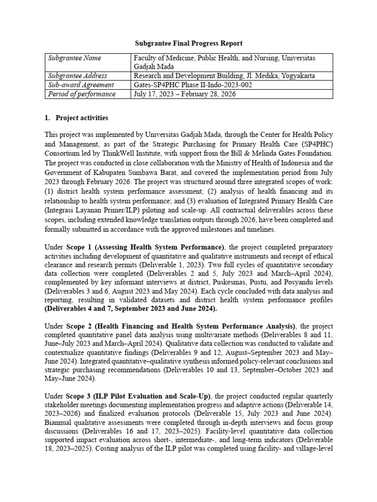 Subgrantee Final Progress Report UGM (2026) | PDF | Qualitative ...