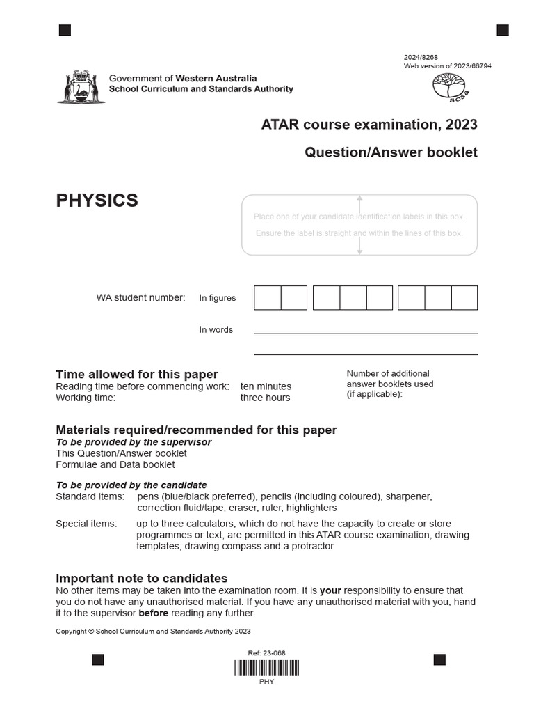 2023 PHY Examination Web Version | PDF | Electron | Physics
