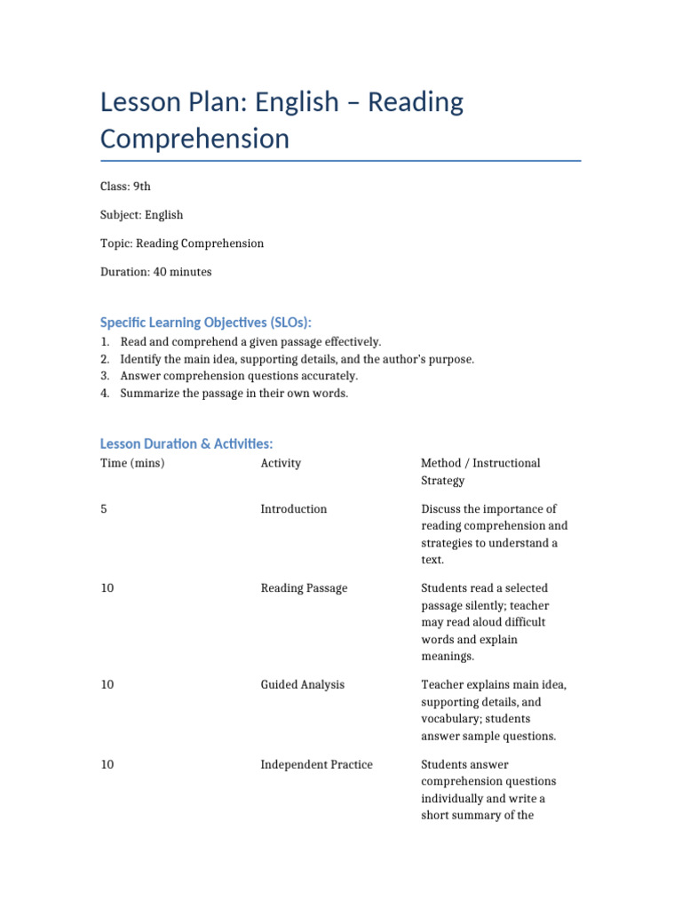 English Reading Comprehension Lesson Plan | PDF