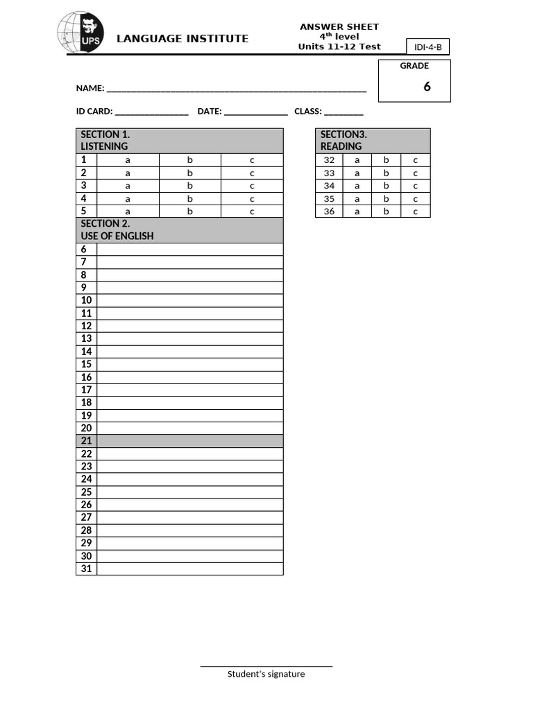 4 Level B Units 11-12 Answer Sheet | PDF