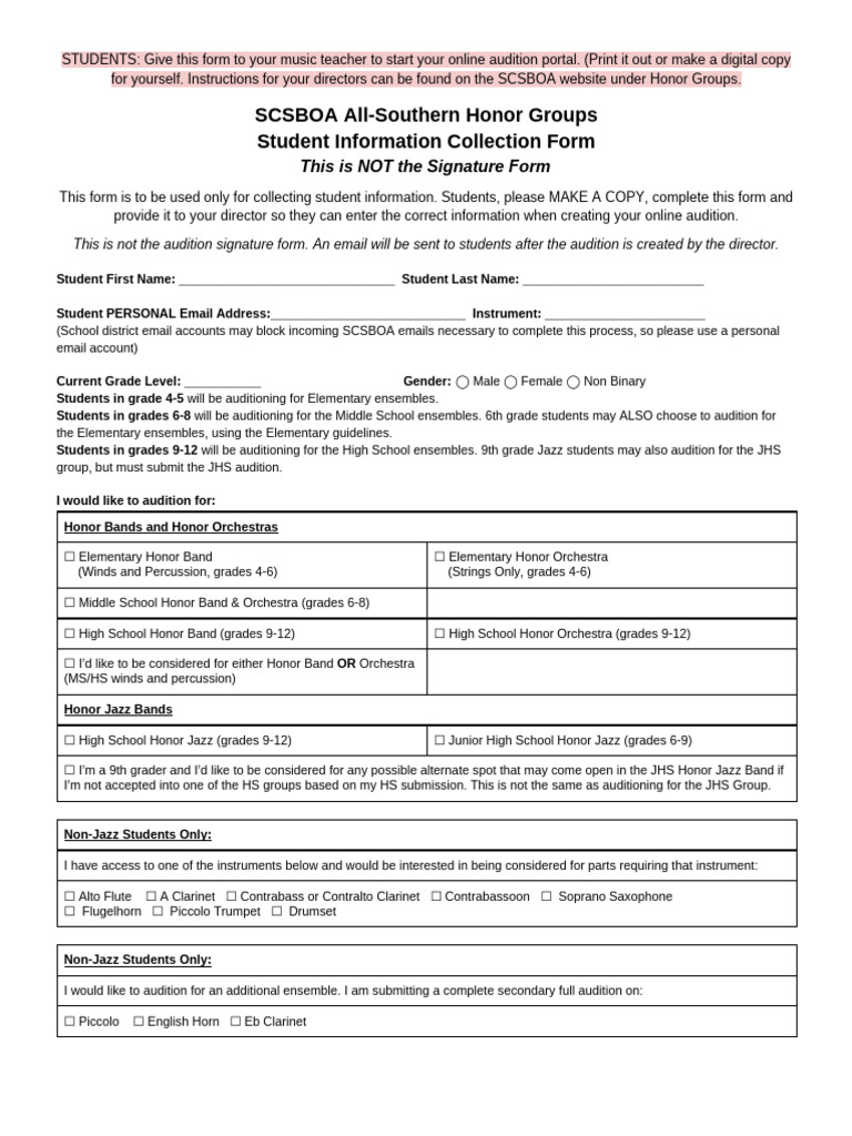 2025-26 SCSBOA Student Information Form | PDF | Musicology | Musical ...