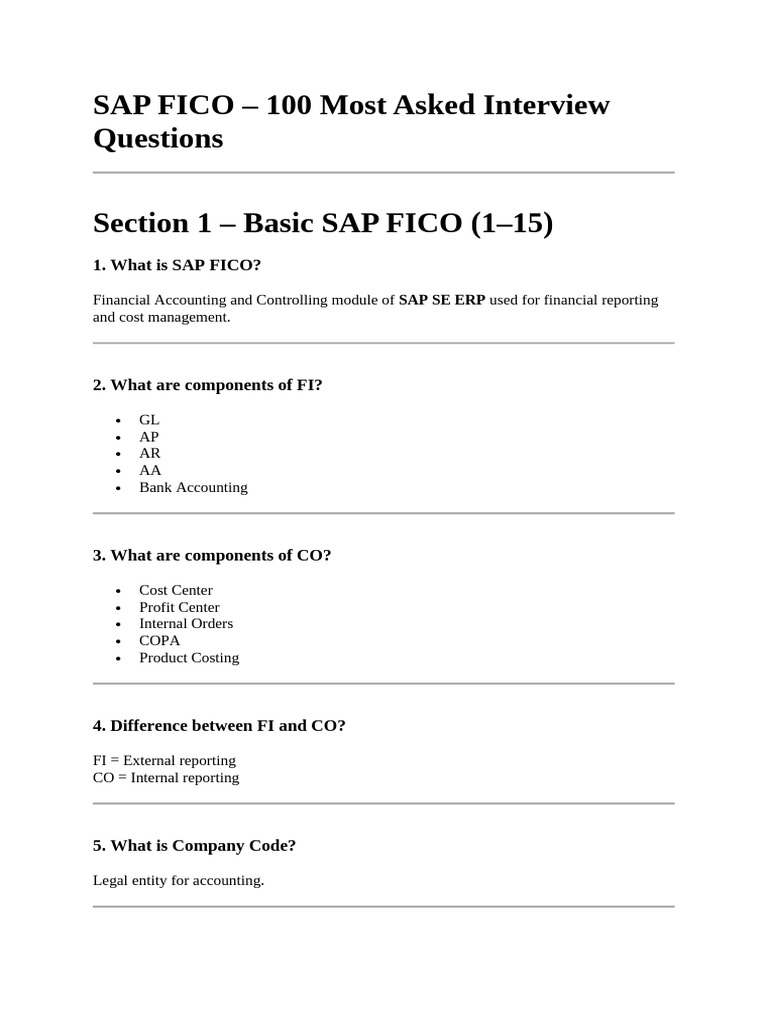 SAP FICO - 100 Most Asked Interview Questions | PDF | Payments ...