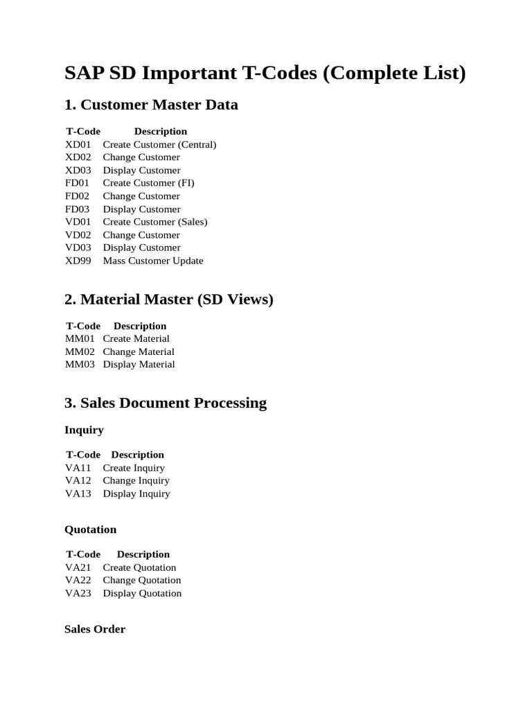 SAP SD Important T-Codes (Complete List) | PDF | Chess Theory | Chess