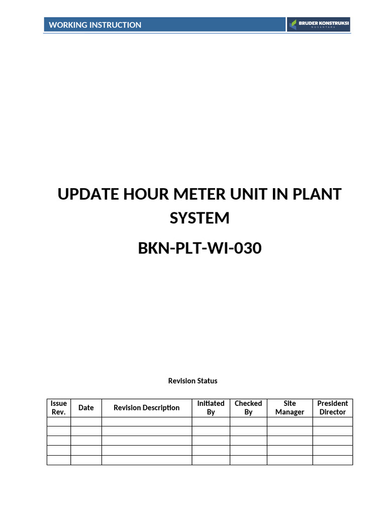 BKN-PLT-WI-030 Update Hour Meter Unit in Plant System | PDF