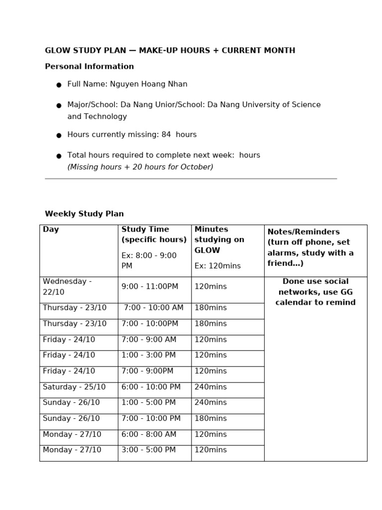 Glow Study Plan Template - Nguyen Hoang Nhan | PDF