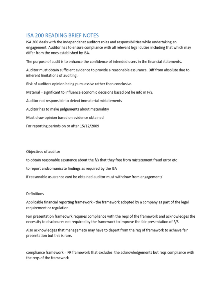 ISA 200 READING BRIEF NOTES.docx | PDF | Financial Audit | Audit