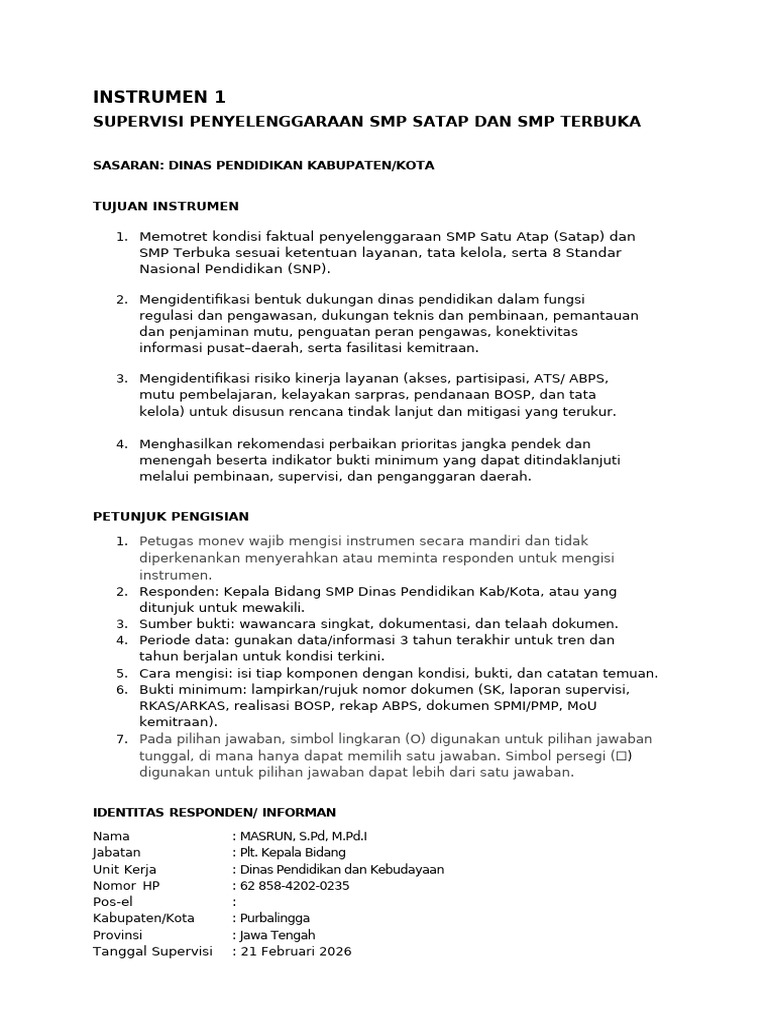 Dinas Pendidikan - Instrumen Supervisi Penyelenggaraan SATAP Dan ...