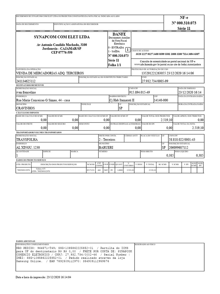 N00731436946307 Nfe PDF | PDF | Recibo | Business