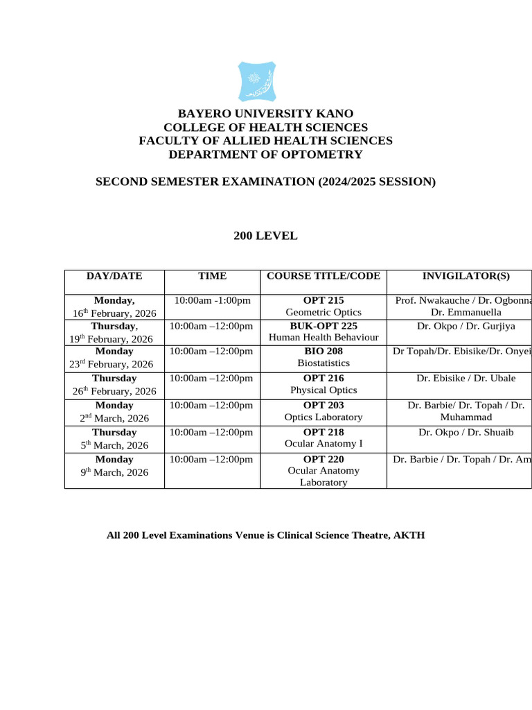 Buk Second Semester Exam Timetable for 2025. | PDF | Optometry | Health ...