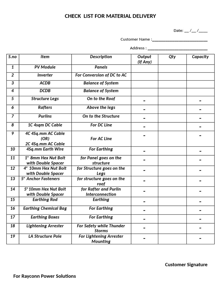 Check List For Material Delivery | PDF | Power (Physics) | Manufactured ...