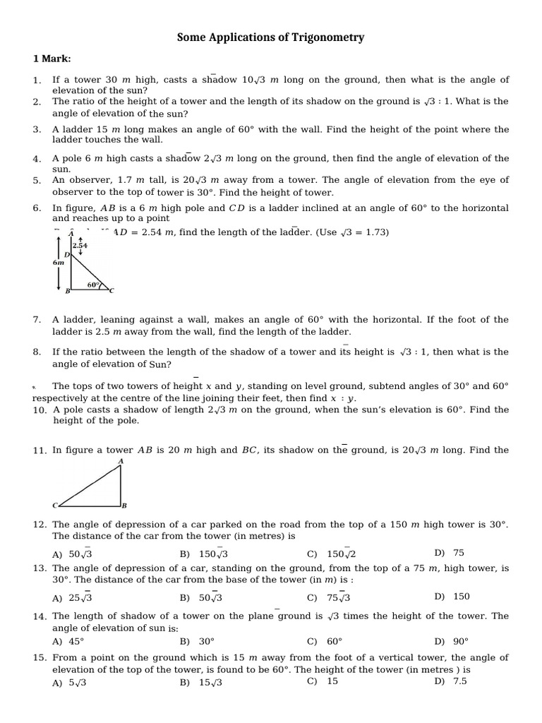Applications of Trigo Previous Year Questions | PDF | Elementary ...