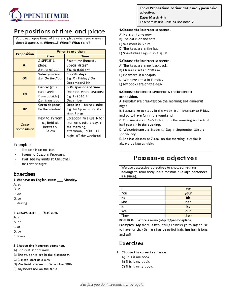Prepositions of Time and Place | PDF | Language Mechanics | Syntax