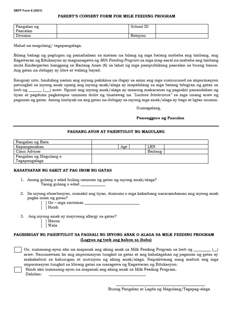 SBFP Form 8 Milk Feeding Parent Consent | PDF