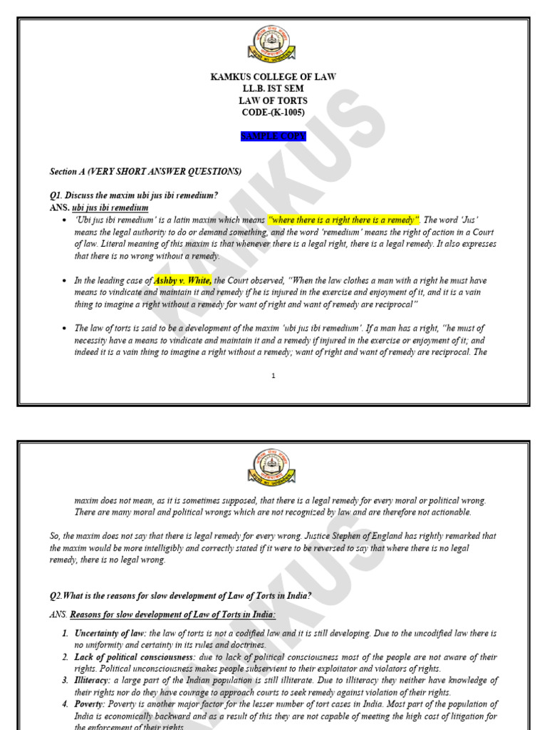 LLB First Year Question Answer in English LAW of TORTS | PDF