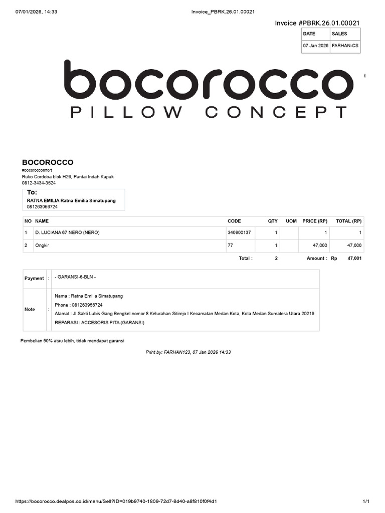 Invoice - pbrk.26.01.00021 - Ibu Ratna Emilia Simatupang | PDF
