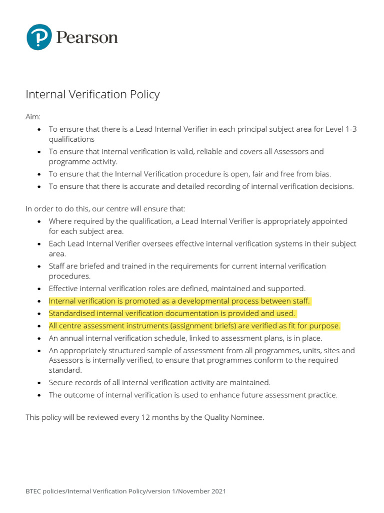 Internal Verification Policy | PDF