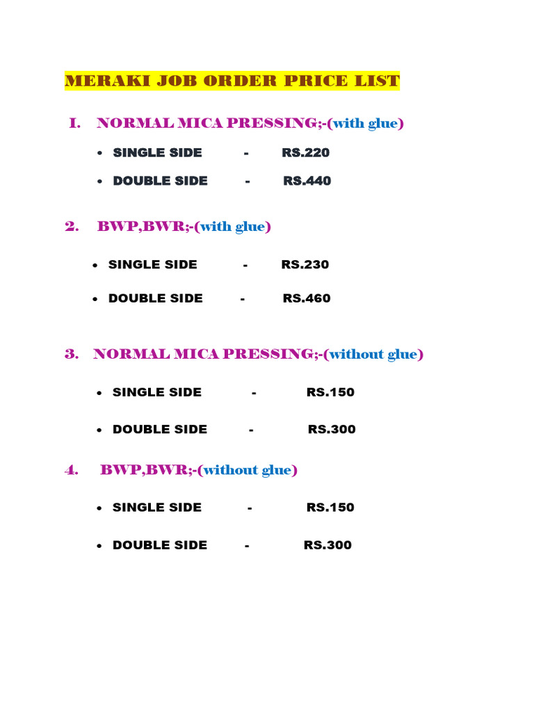 Meraki Job Order Price List-1 | PDF