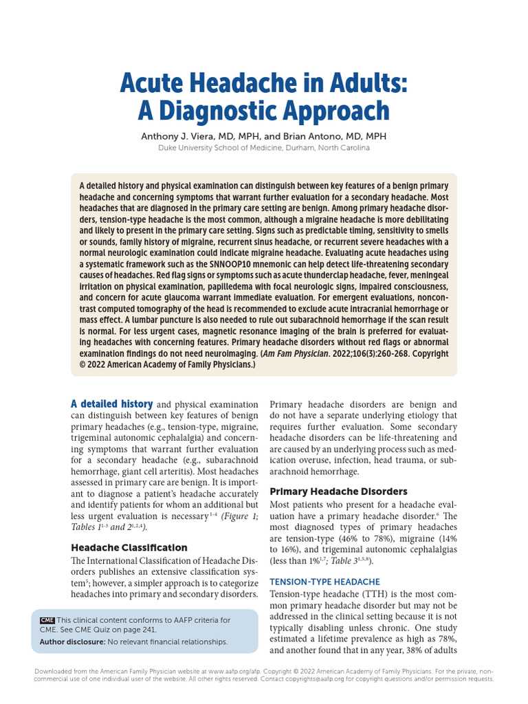 Acute Headache Adults | PDF | Headache | Migraine