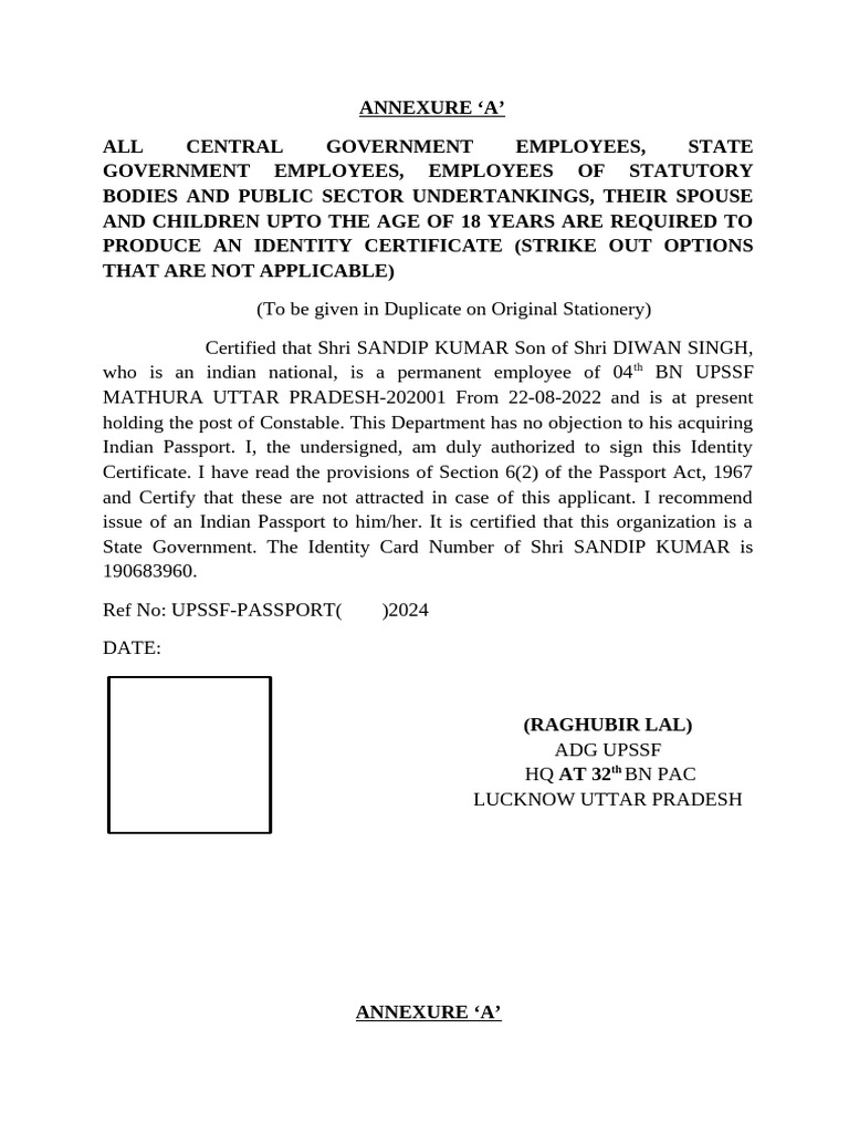 Annexure-'A' Passport Noc | PDF | Government And Personhood