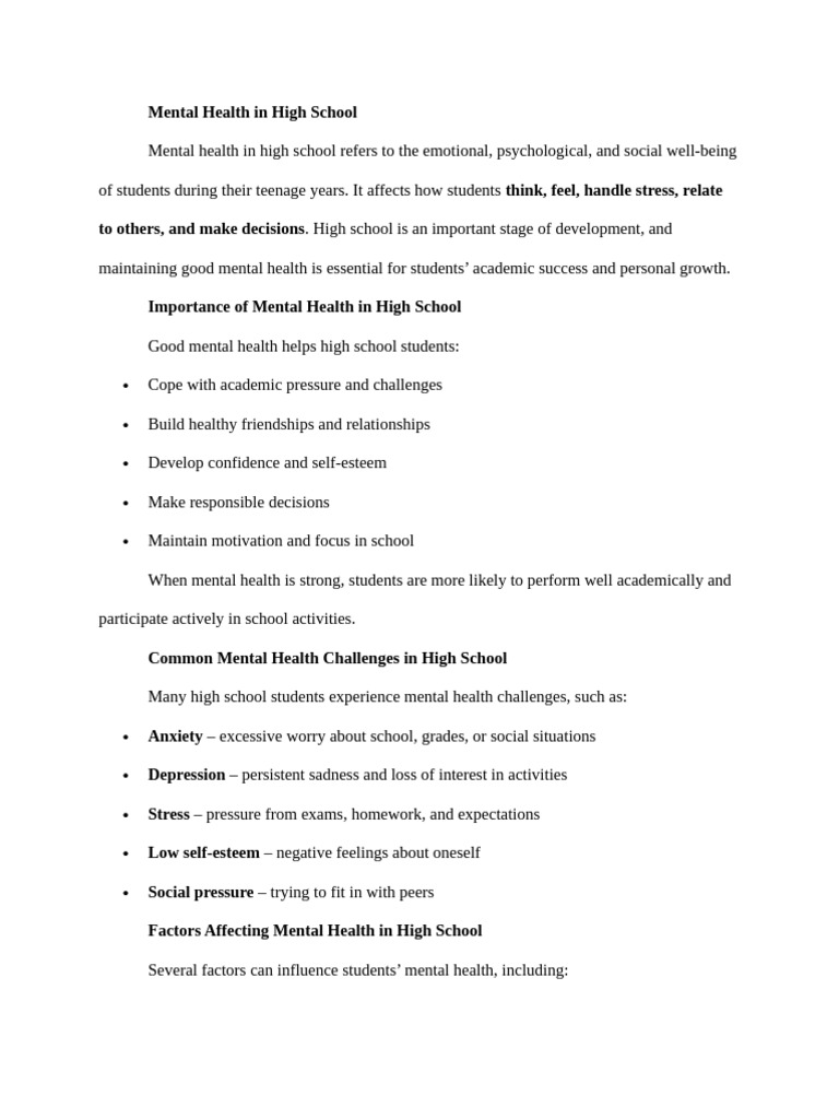 Mental Health in High School | PDF | Mental Health | Self Esteem