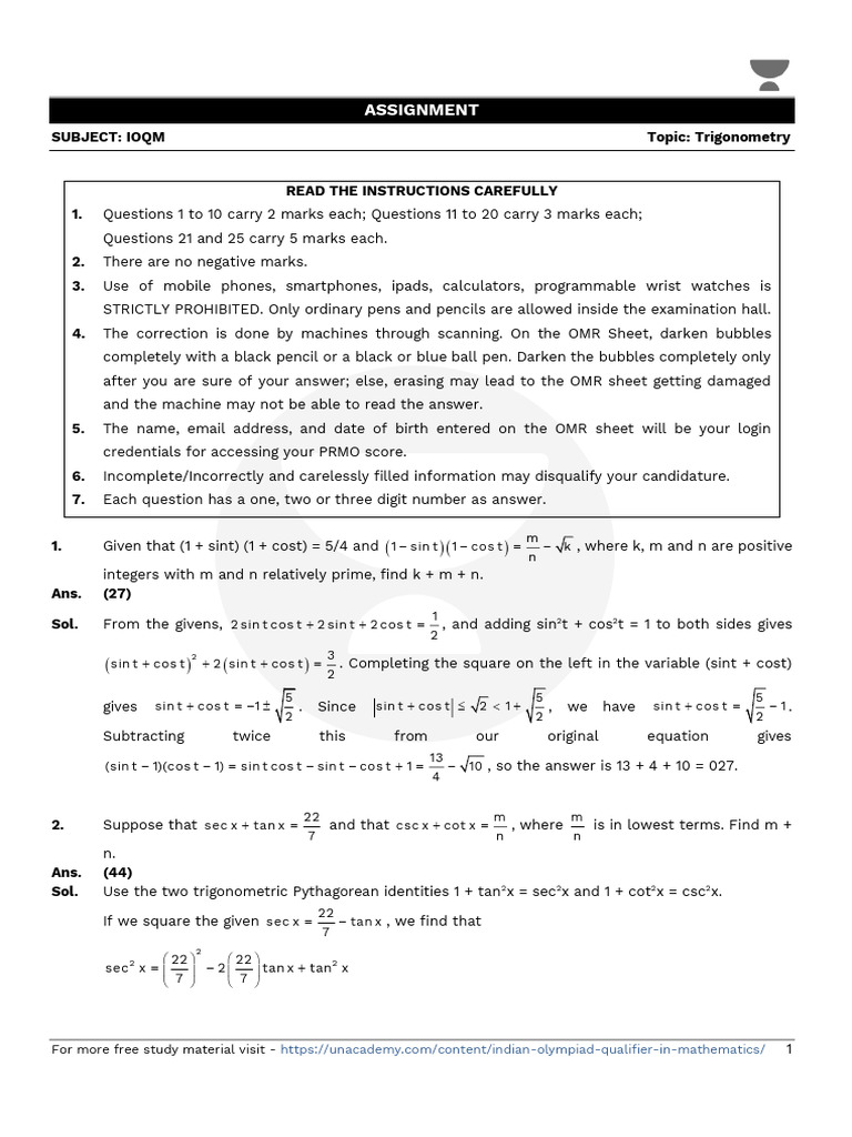 Assignment (Trigonometry) With Solution | PDF