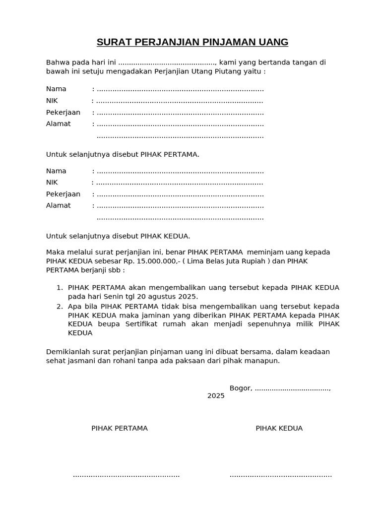 Contoh Surat Perjanjian Pinjaman Uang | PDF