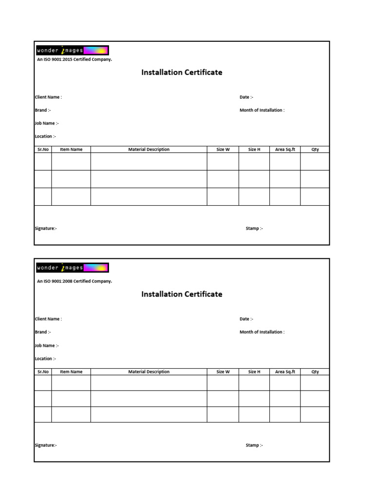 Installation Certificate Format - Wonder Images | PDF