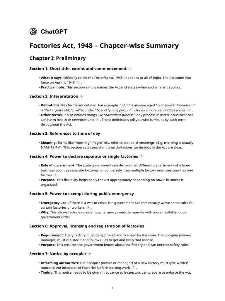 Factories Act, 1948 - Chapter-Wise Summary | PDF | Overtime | Child Care