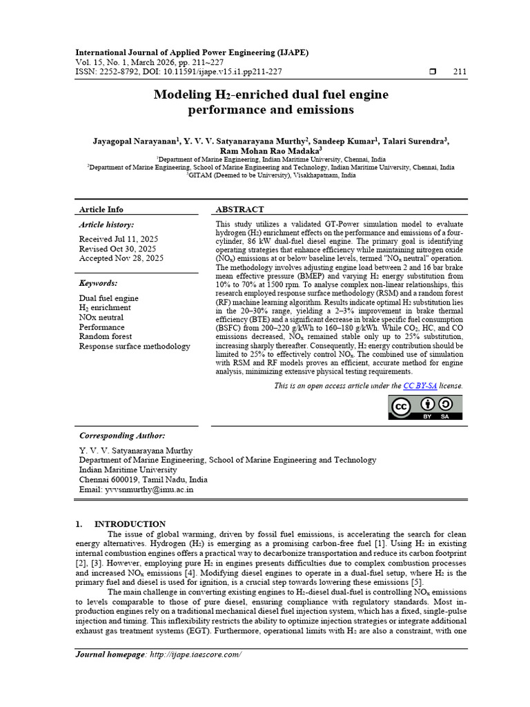 Modeling H2-Enriched Dual Fuel Engine Performance and Emissions | PDF