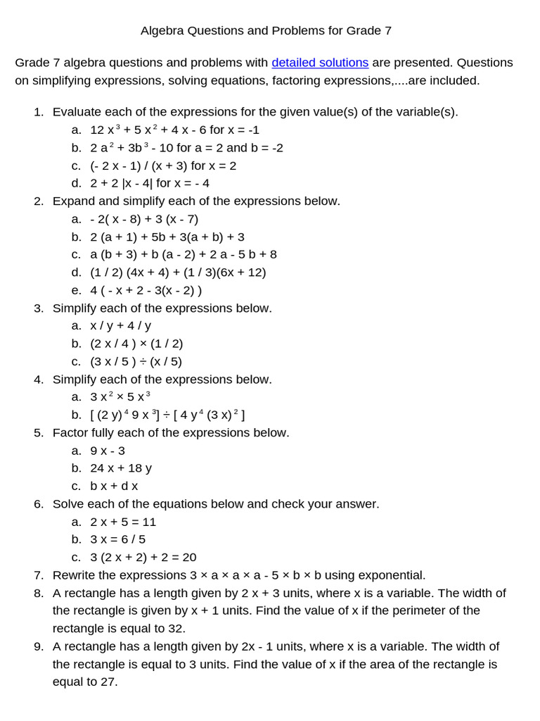 Algebra Questions and Problems For Grade 7 | PDF | Algebra | Elementary ...