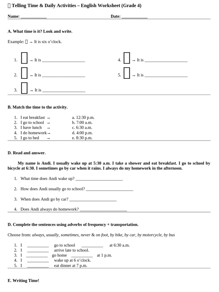 ? Telling Time and Daily Activities Worksheet | PDF