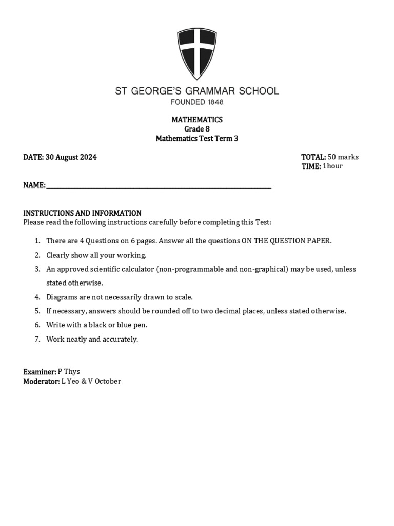 8M TERM 3 TEST 2024 | PDF | Elementary Mathematics | Mathematics