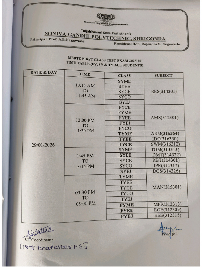 Class Test - 1 Time Table | PDF