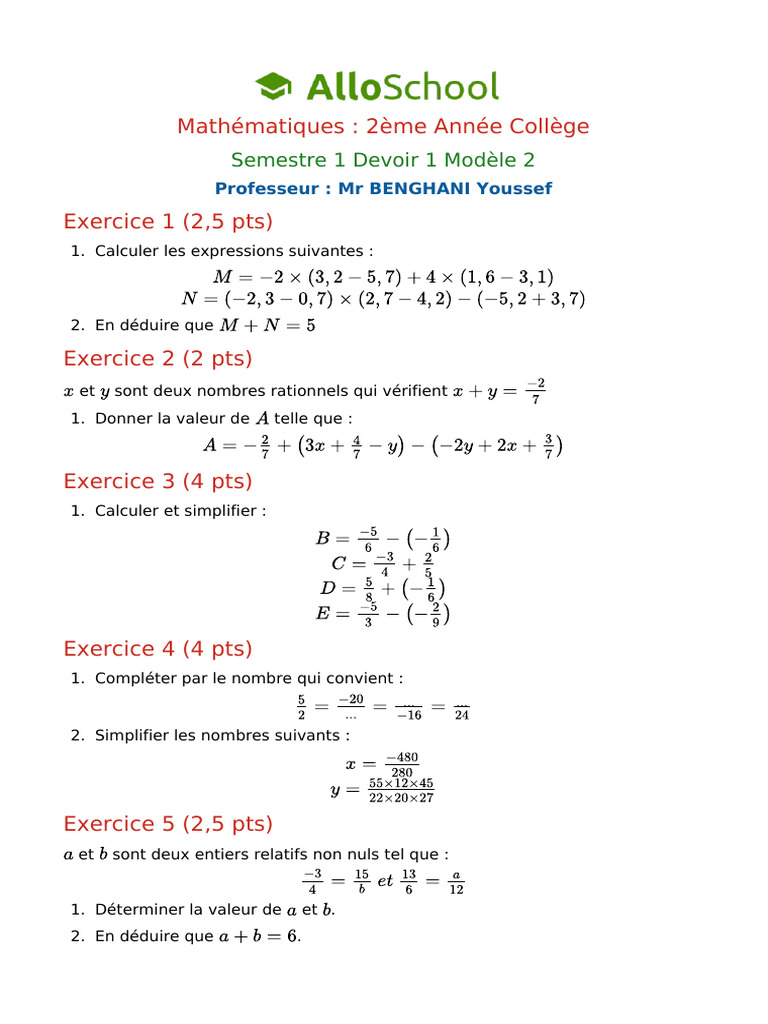 Math 2ac Semestre 1 Devoir 1 Modele 2 1 | PDF