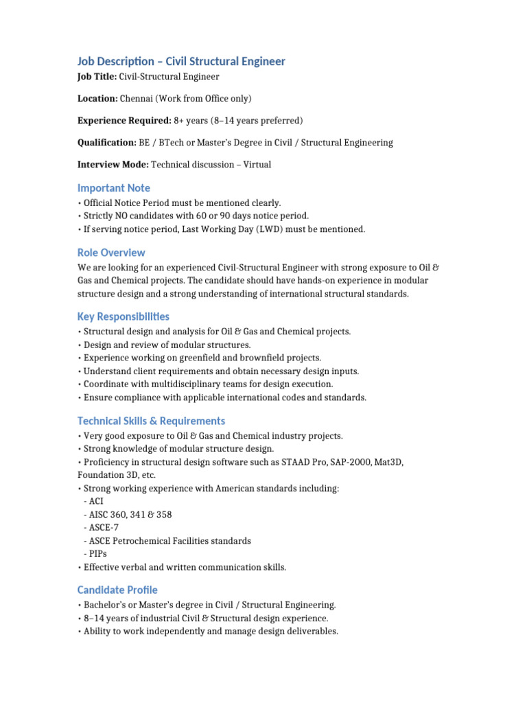 Civil Structural Engineer JD Chennai | PDF