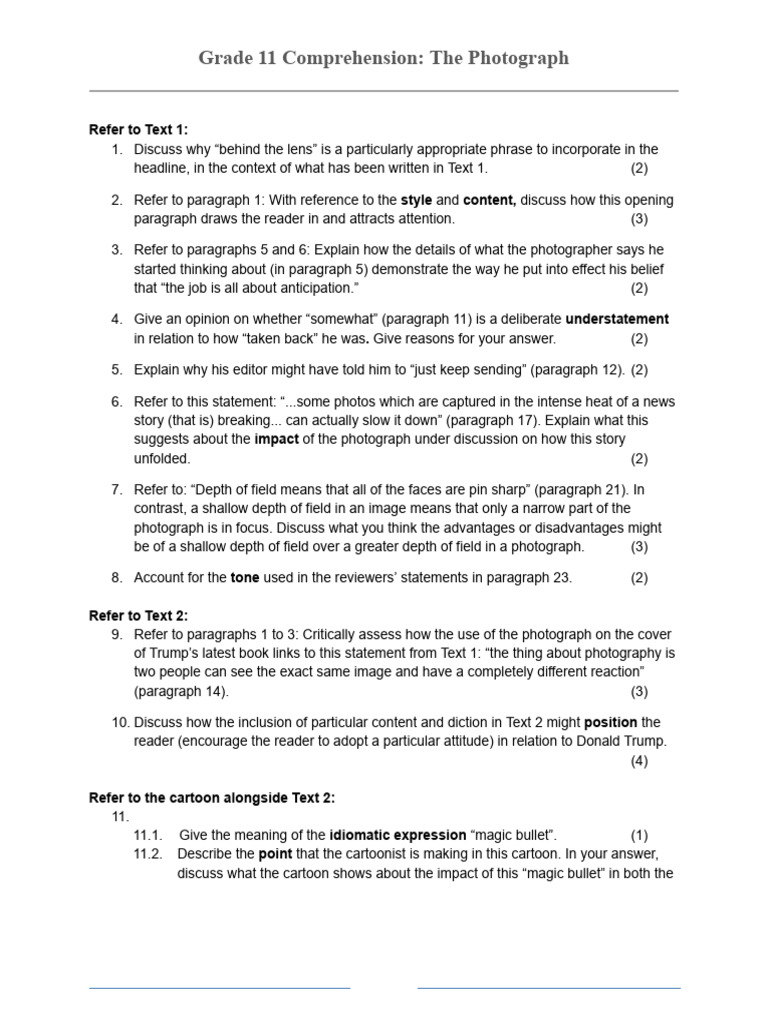 Grade 11 Comprehension - The Photograph WORKSHEET | PDF