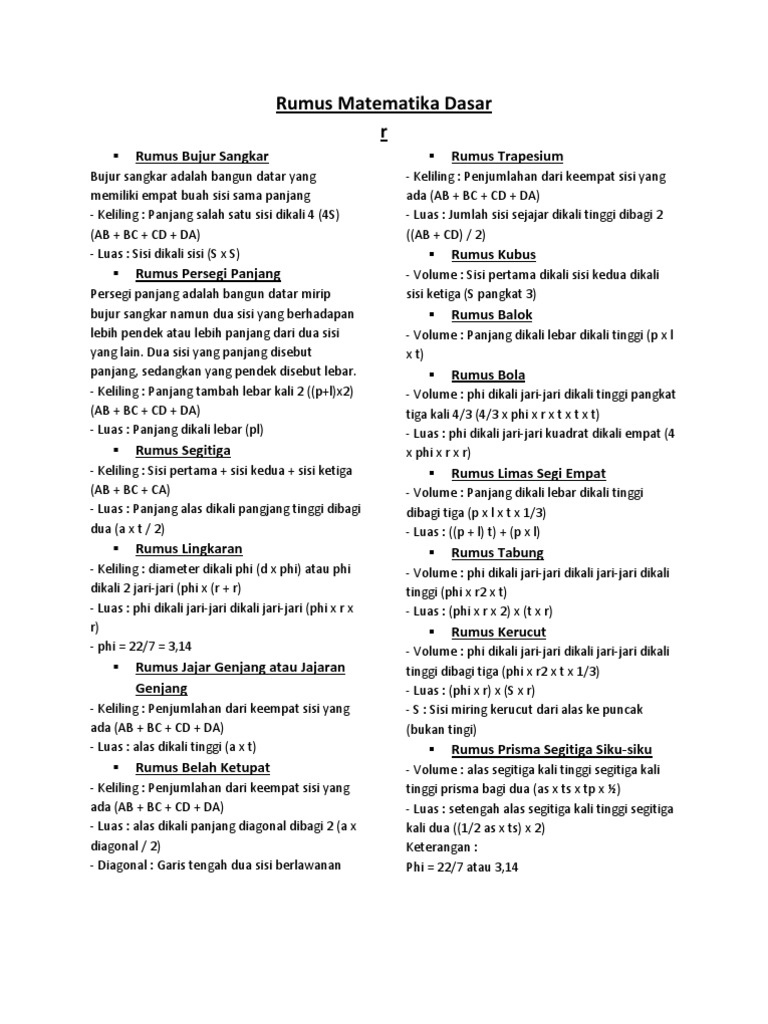 Rumus Matematika Dasar Rumus Matematika Dasar